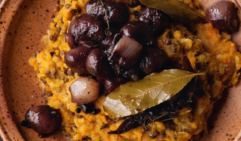 Root Mash with Wine Braised Shallots