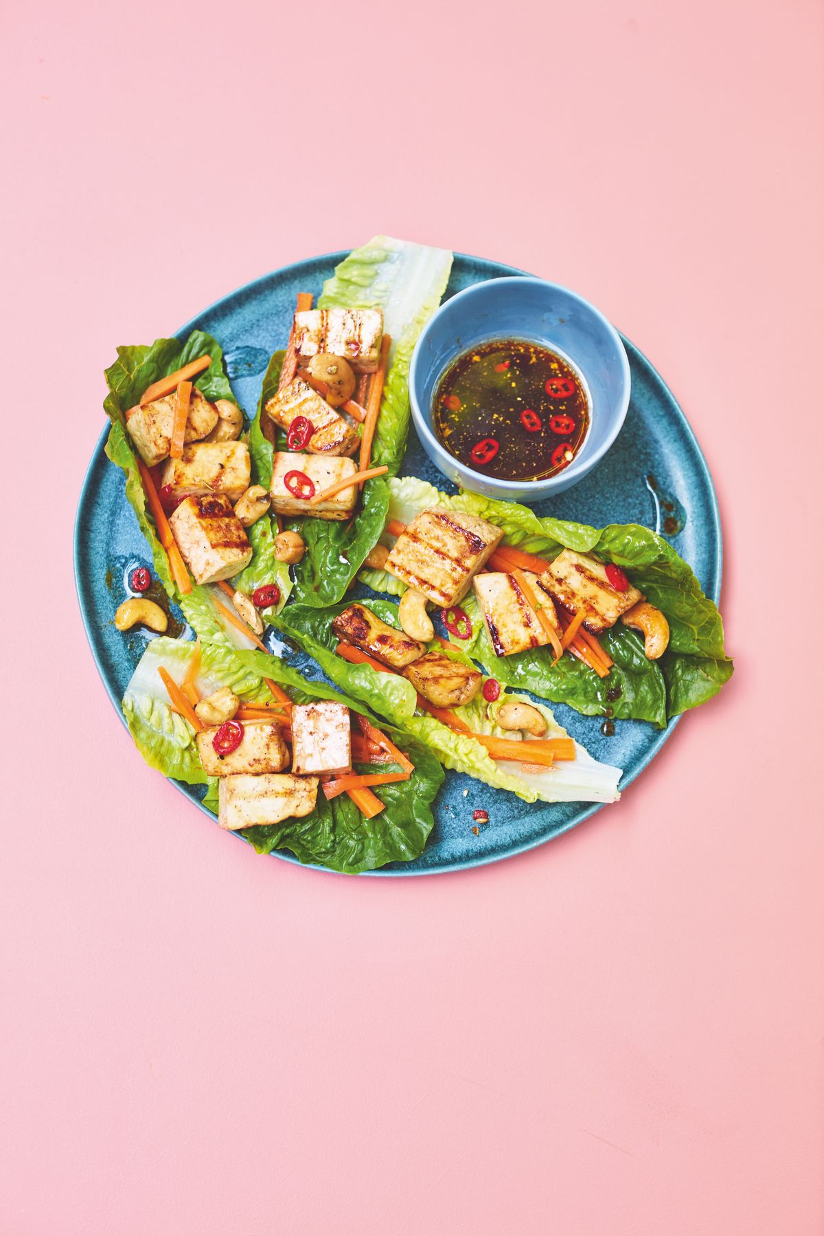 Crispy Barbecue Tofu Lettuce Wraps with Cashews, Carrots and Nuoc Cham