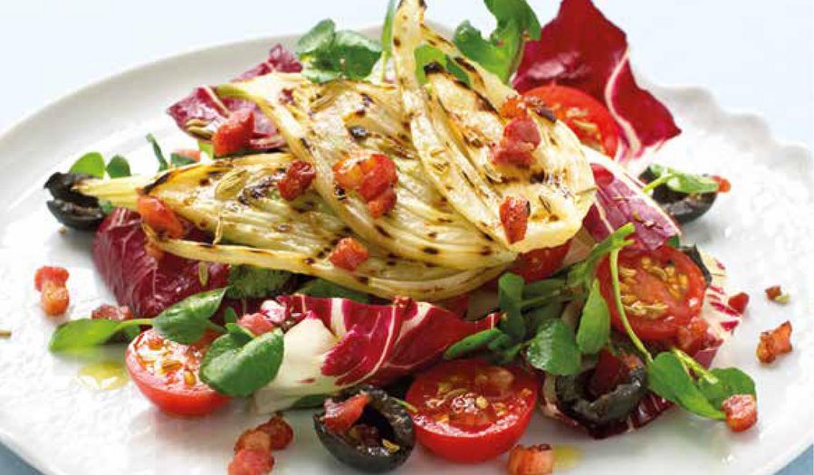 Warm Mediterranean Salad with Braised Fennel and Pancetta Croutons