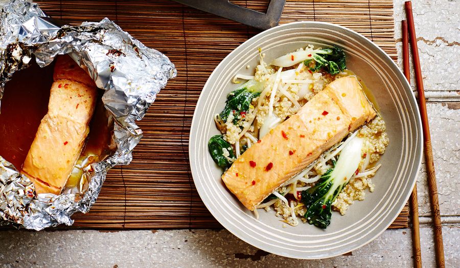 Sweet and Spicy Salmon with Quinoa and Pak Choi Stir-fry Recipe