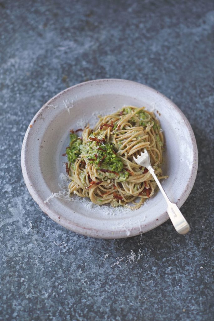 Skinny Carbonara Smoky Bacon, Peas, Almonds and Basil