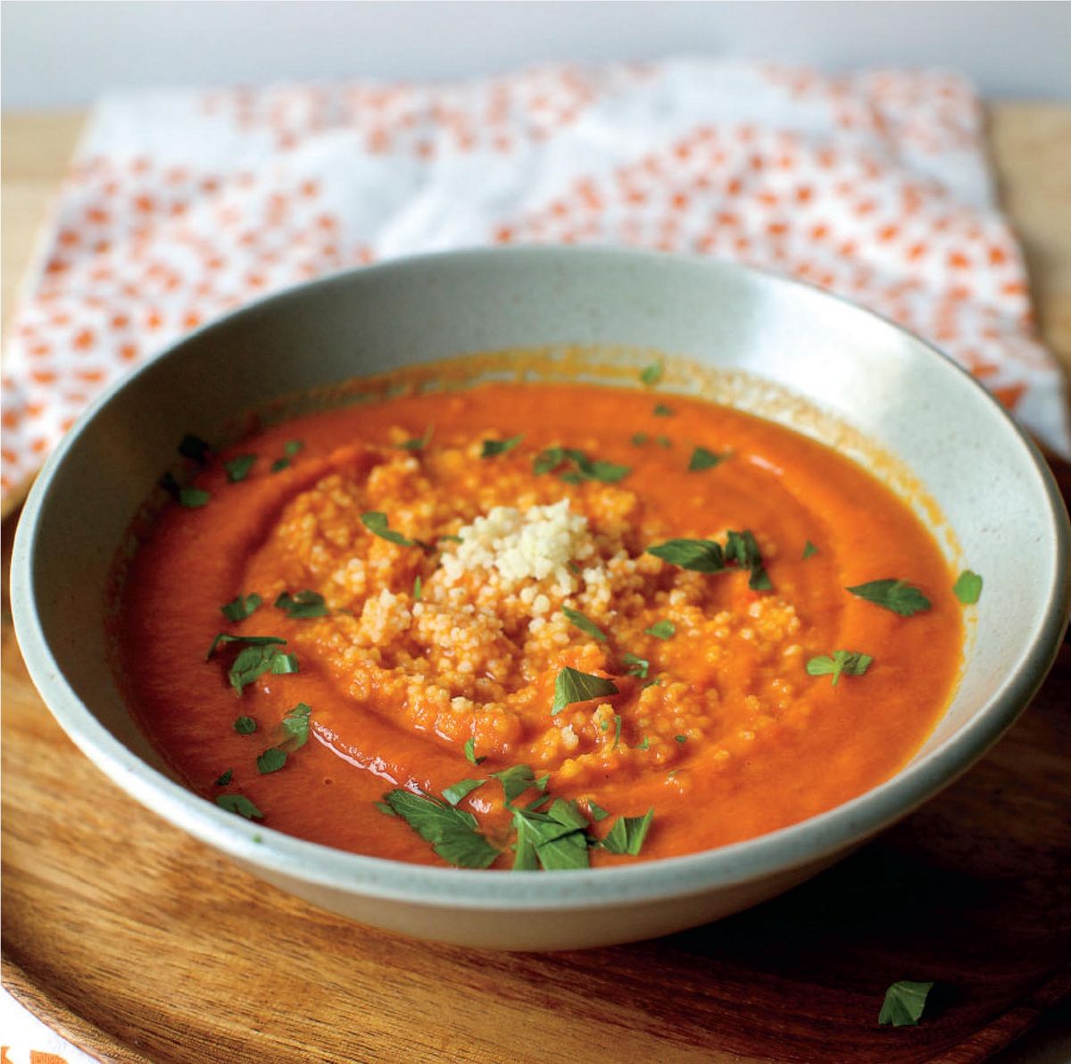Spiced Carrot and Pepper Soup with a Couscous Swirl