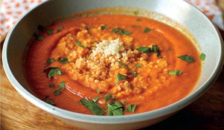 Spiced Carrot and Pepper Soup with a Couscous Swirl