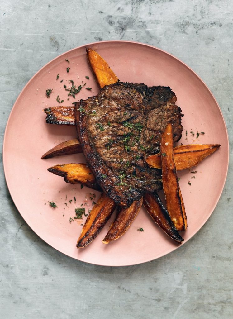 Jerk-spiced Pork Chops with Sweet Potato Wedges and Thyme Salt