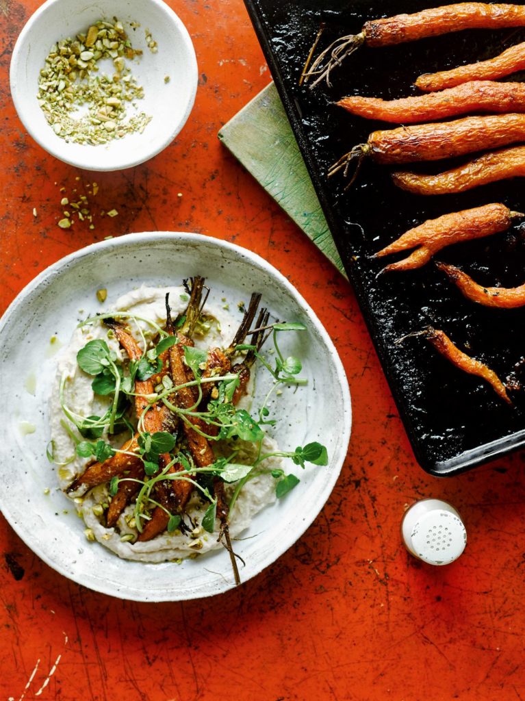 Vegan Spiced Roasted Carrots with Garlic White Bean Mash