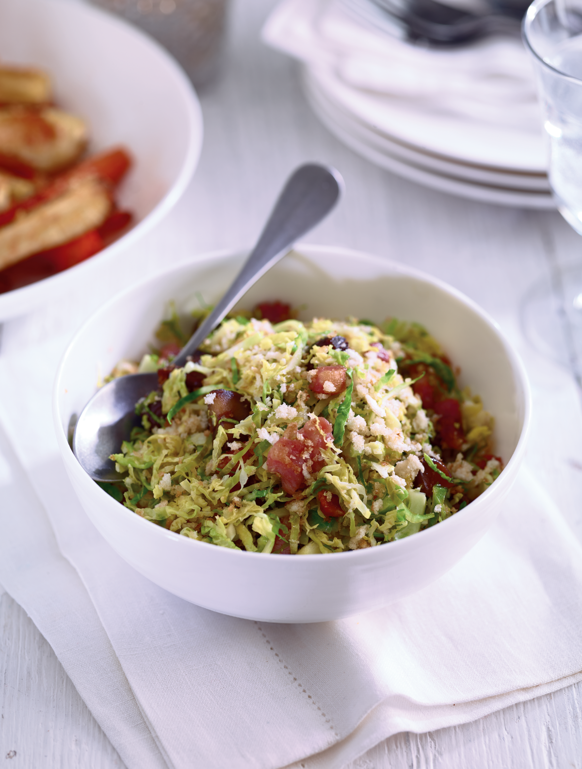 Shredded sprouts with chestnuts and bacon