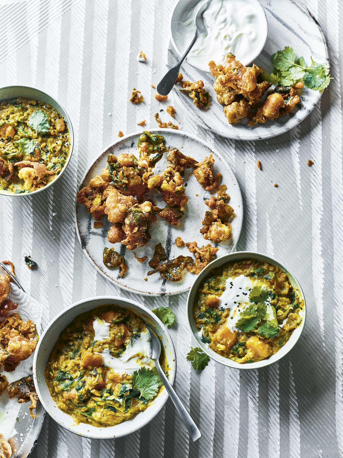 Spinach, Squash and Sweet Potato Dhal with Cauliflower and Spinach Pakora