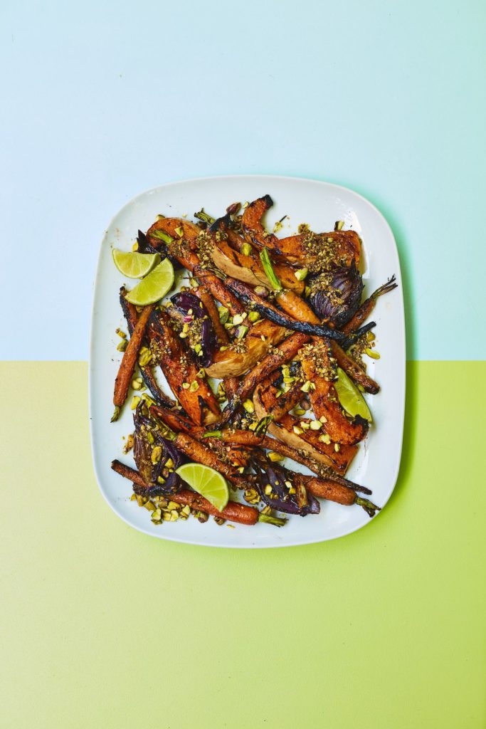 Squash with Charred Carrots, Red Onions, Coriander Seeds, Pistachios and Lime