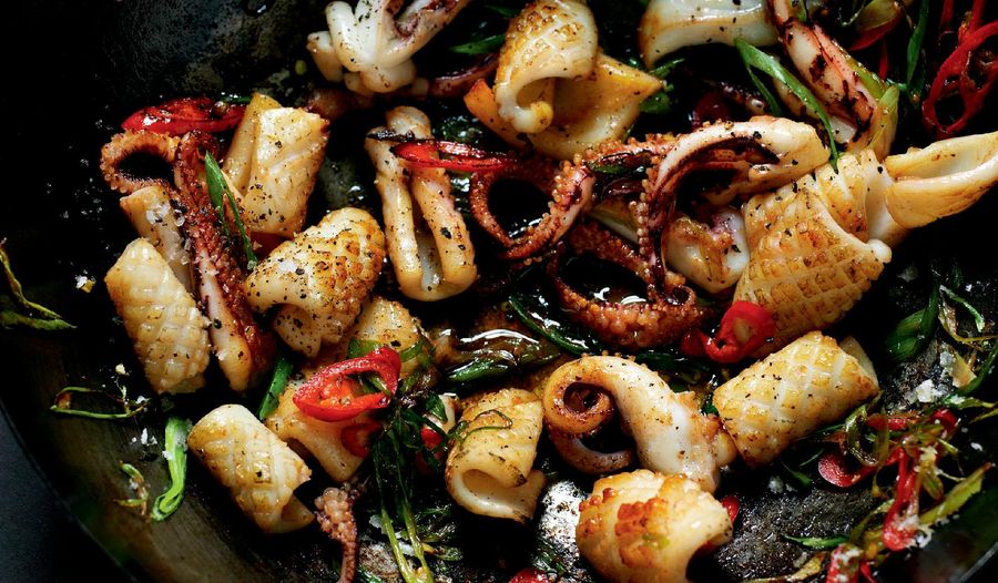 Stir-fried Salt and Pepper Squid with Red Chilli and Spring Onion