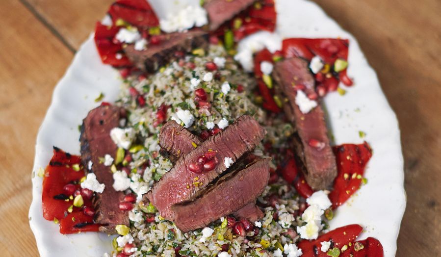 Griddled Steak & Peppers Herby Jewelled Tabbouleh Rice Jamie Oliver Everyday Super Food