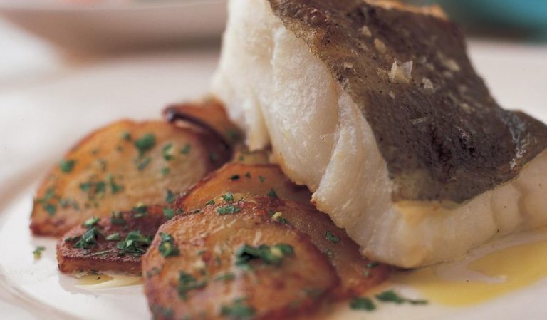 Grilled Cod on Pommes Sarladaise with Truffle Oil