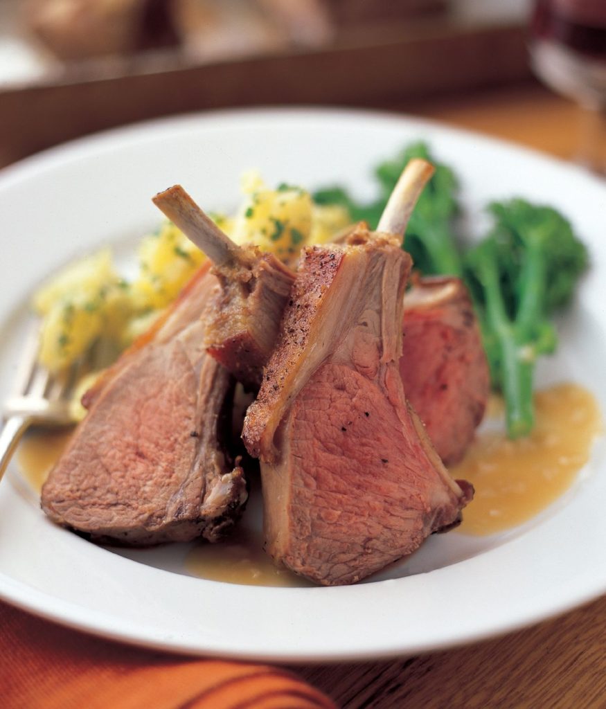 Roast Rack of Lamb with Crushed Potatoes and Slowly caramelized garlic