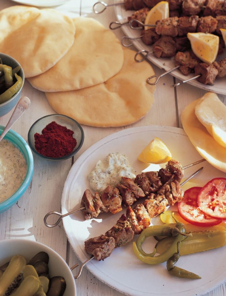Lamb Souvlaki with Flatbreads, Tzatziki, Tomatoes and Pickles