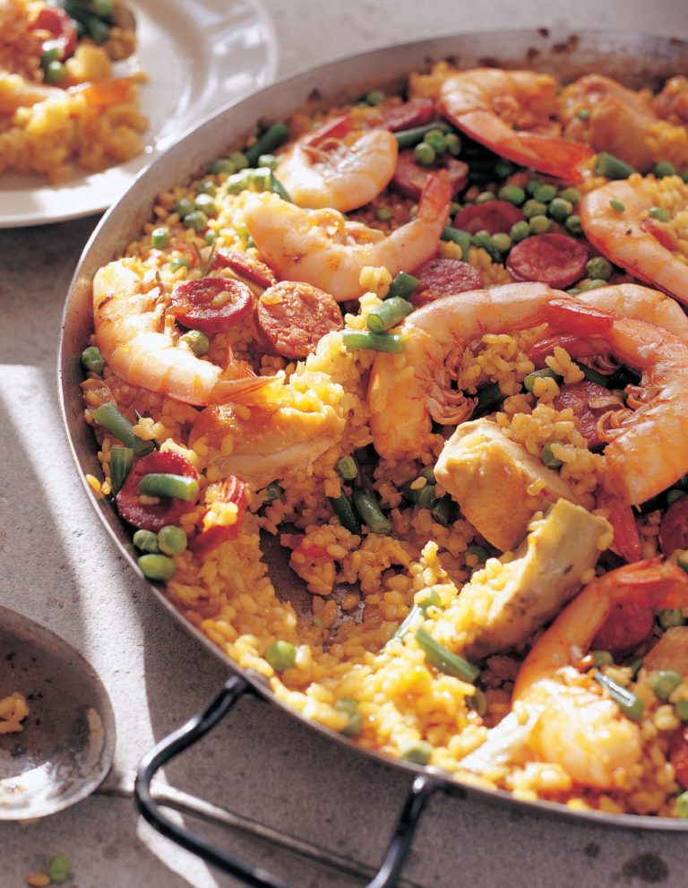 Chicken and Prawn Paella with Artichokes and Chorizo