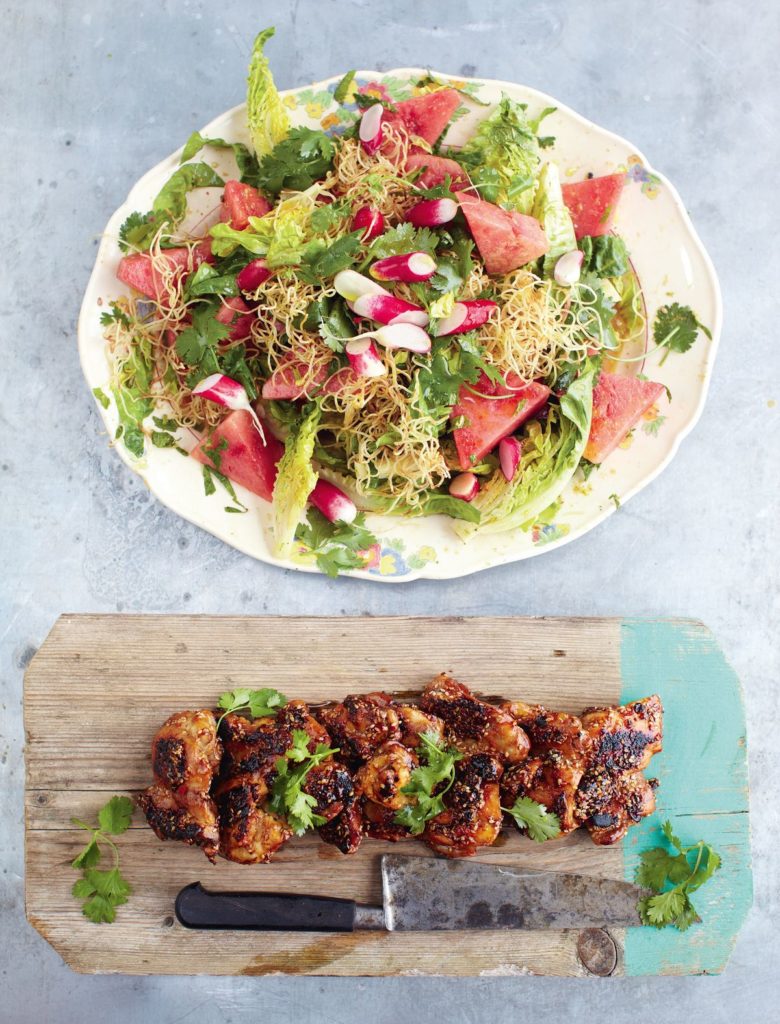 Sticky Kicking Chicken, Watermelon Radish Salad and Crunchy Noodles