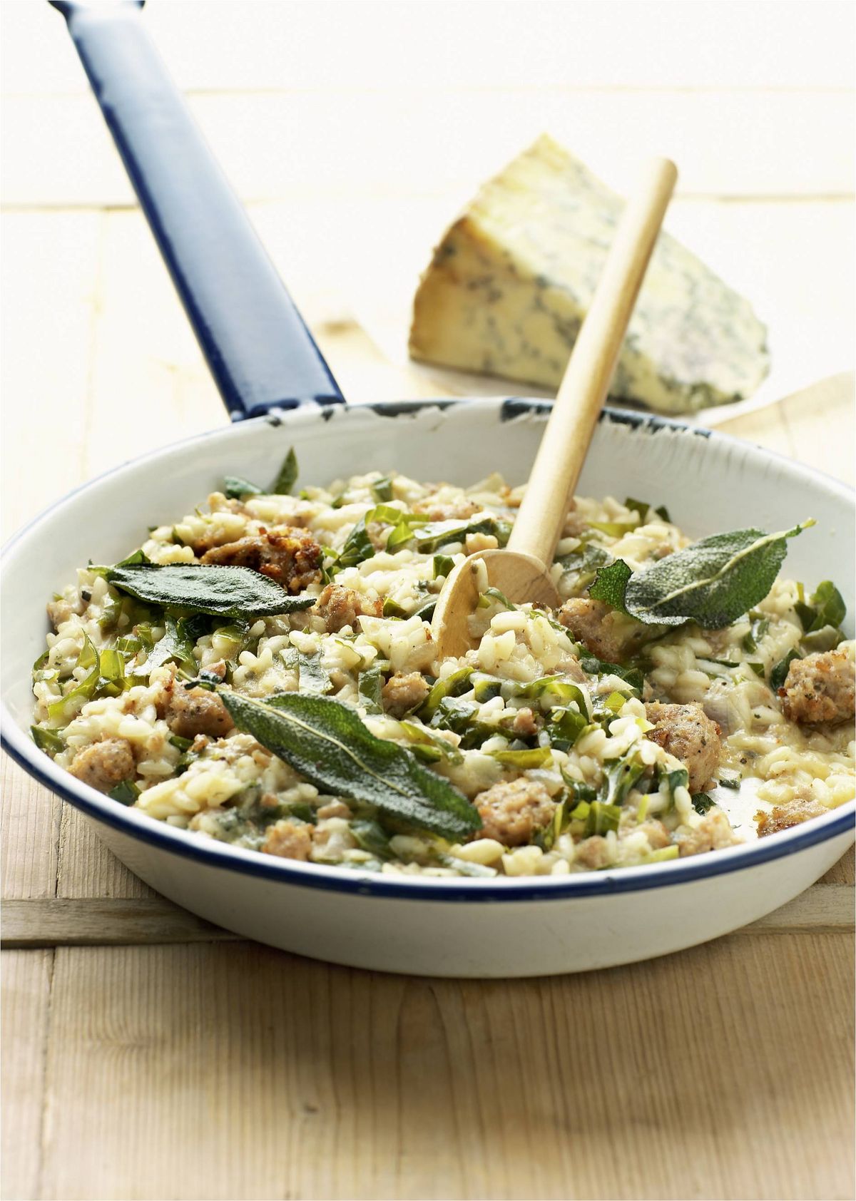 Stilton Risotto with Sausage, Spring Greens and Crispy Sage