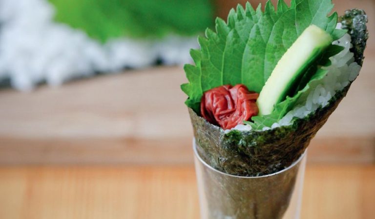 Umeboshi and Cucumber with Shiso Temaki (Japanese Pickled Plum and Cucumber with Shiso Leaves Hand Roll)