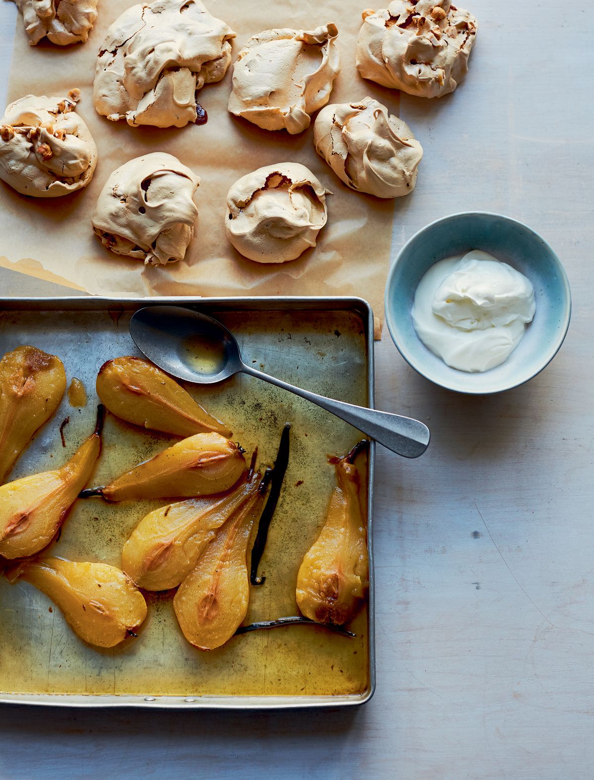 Brown Sugar and Hazelnut Meringues with Champagne Poached Pears