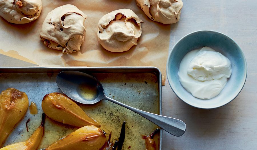Brown Sugar Meringues with Champagne Poached Pears | Dinner Party Dessert