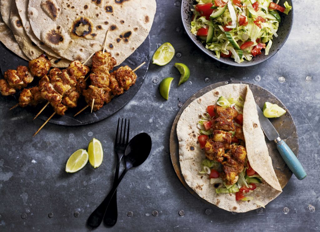 Chicken Tikka Skewers with Wholemeal Chapattis Recipe | Eat Well For Less BBC