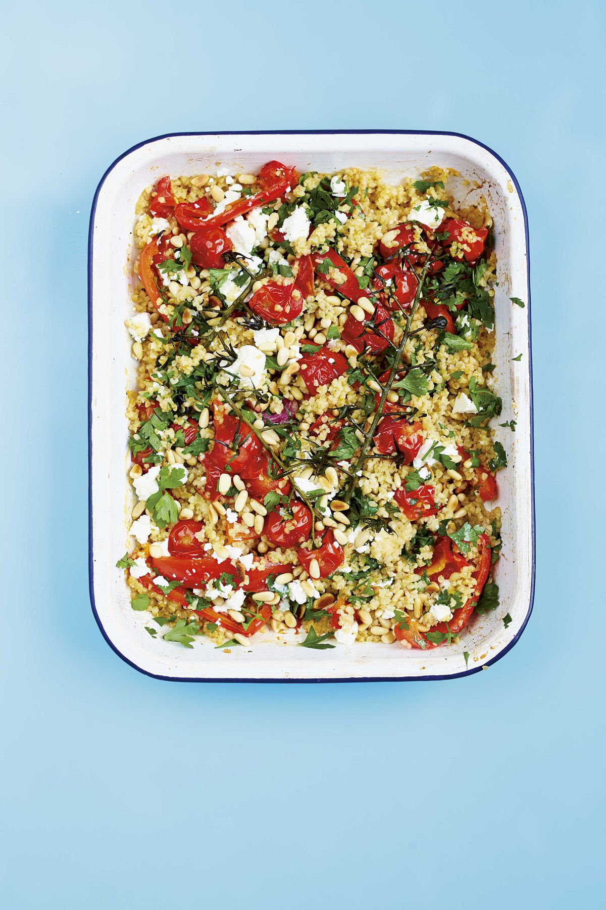 Bulgur Wheat with Roasted Red Peppers, Tomatoes, Feta & Pine Nuts