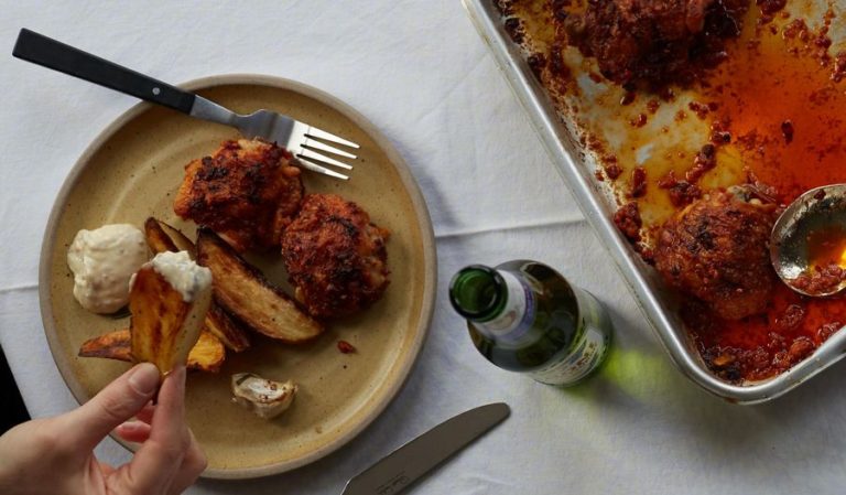 Roast Chicken Thighs and Nduja with Rosemary Potatoes and Anchovy Mayonnaise