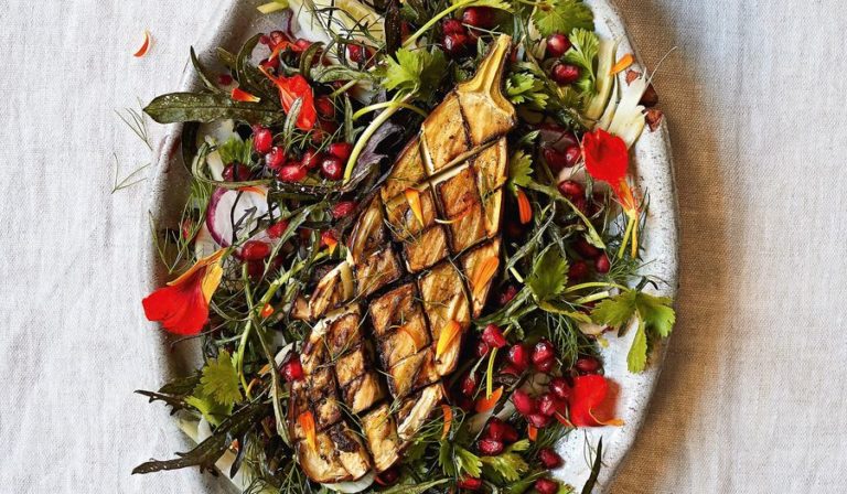 Souk Salad with Spiced Aubergines and Pistachio Yoghurt