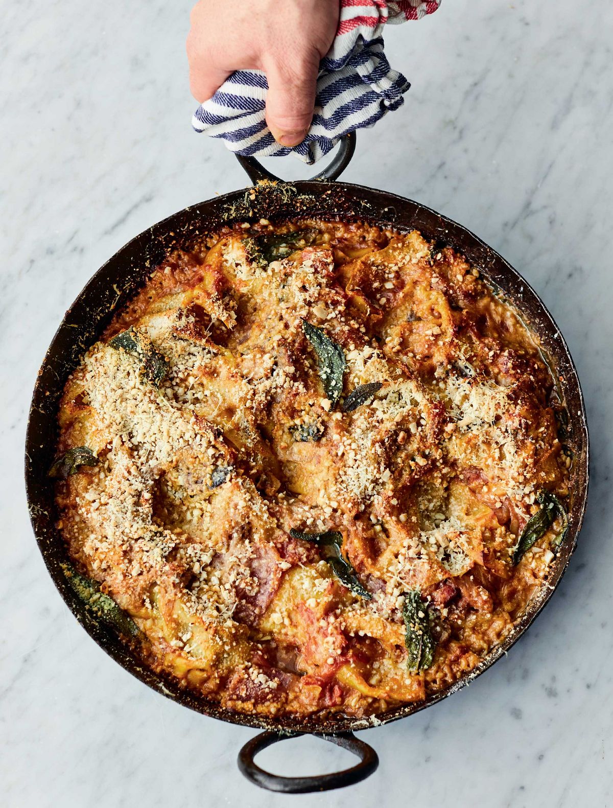 Jamie Oliver’s Scruffy Aubergine Lasagne with Sweet Tomato Sauce with Garlic, Sage and Lemon, Cheese and Almond Crunch