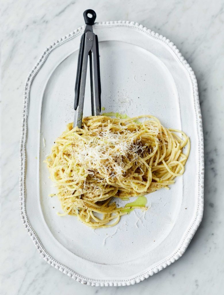 Jamie Oliver’s Sweet Leek Carbonara with Fresh Thyme, Garlic, Cracked Black Pepper and Parmesan