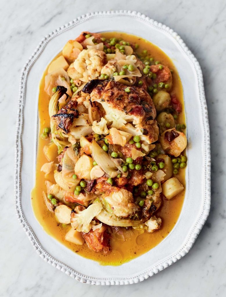 Jamie Oliver’s Greek-inspired Cauliflower Stew with Olives, Zingy Lemon, Fresh Tomatoes, New Potatoes and Peas