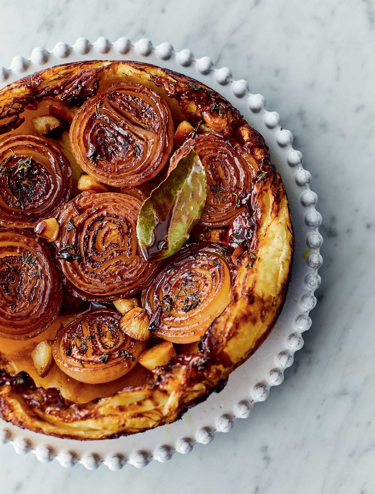 Jamie Oliver’s Sticky Onion Tart with Sweet Garlic, Fresh Thyme, Bay and Buttery Puff Pastry