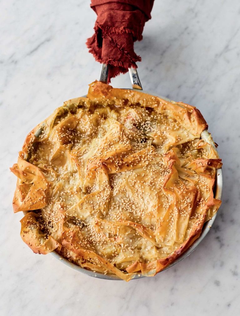 Jamie Oliver’s Summer Veg Blanket Pie with Preserved Lemon, Saffron, Harissa, Crispy Layered Filo and Yoghurt