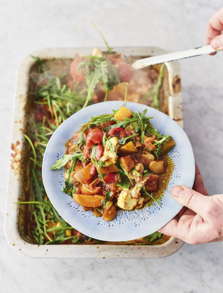 Jamie Oliver’s Scrumptious Veg Traybake with Sweet Tomato, Chianti, Porcini, Olives, Oregano, and Baked Feta