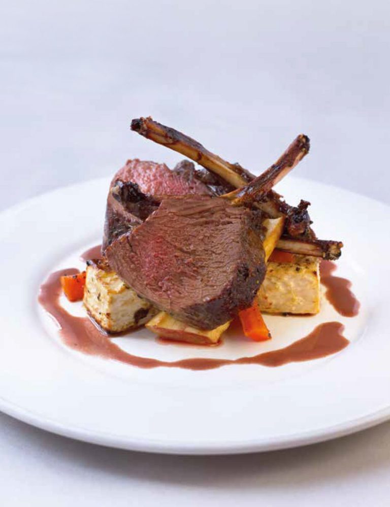 Roasted Rack of Venison with Grand Veneur Sauce and Root Vegetables