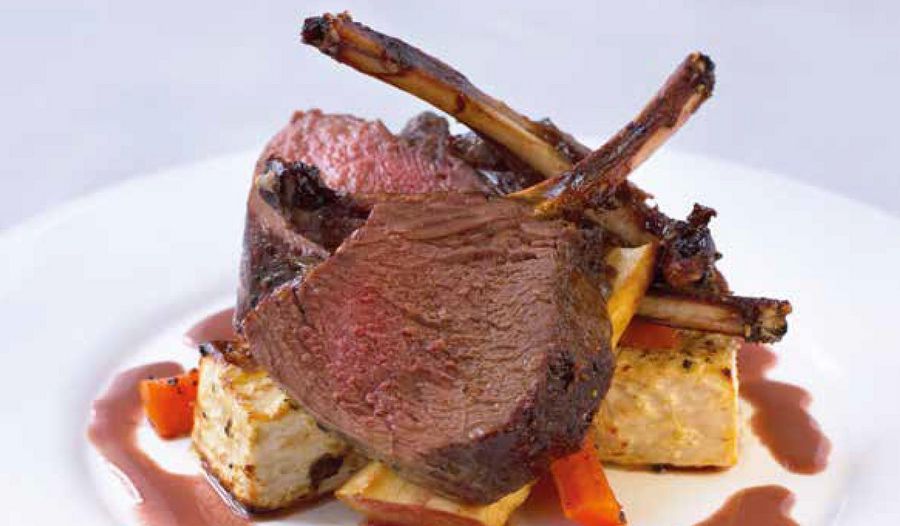 Roasted Rack of Venison with Grand Veneur Sauce and Root Vegetables