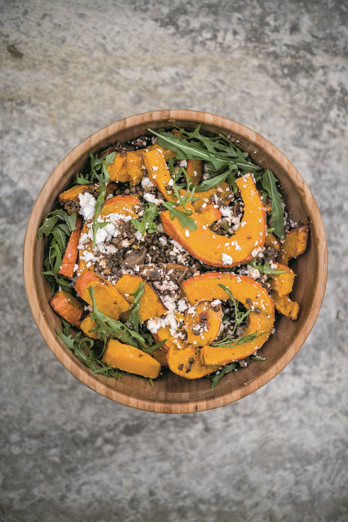 Lentils with Goat’s Cheese and Roasted Pumpkin Salad