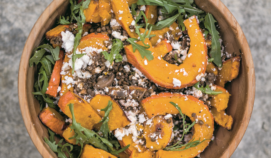 Lentils with Goat's Cheese and Roasted Pumpkin Salad