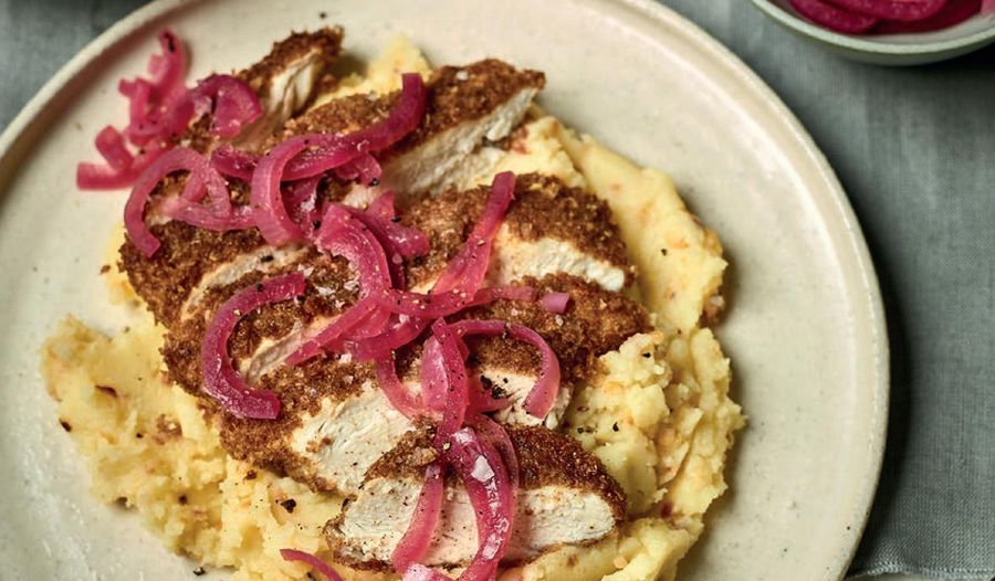 Nadiya's Wheat Escalopes with Hazelnut Mash & Pickled Onions Recipe