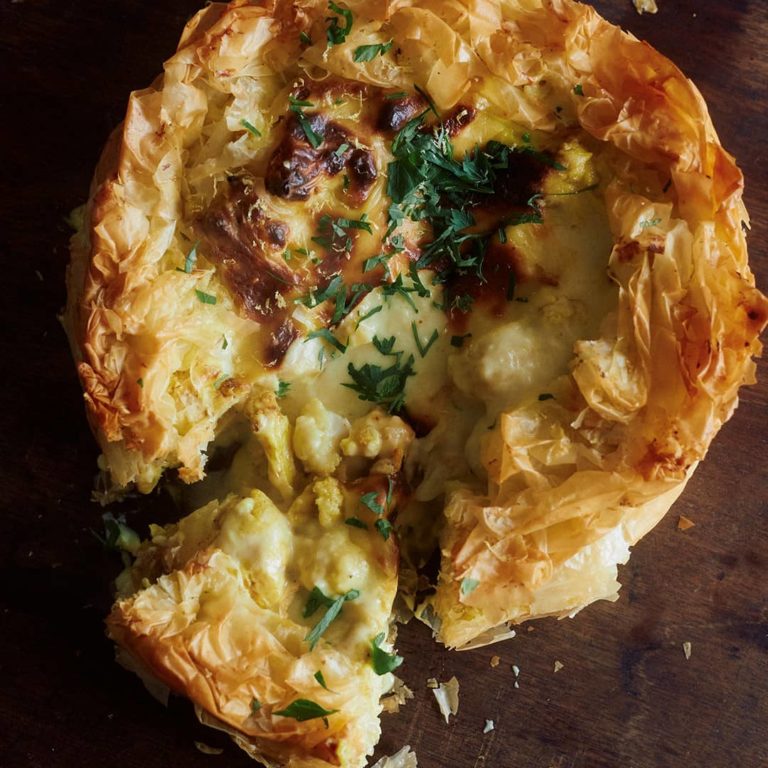 Curried Cauliflower Cheese Filo Pie