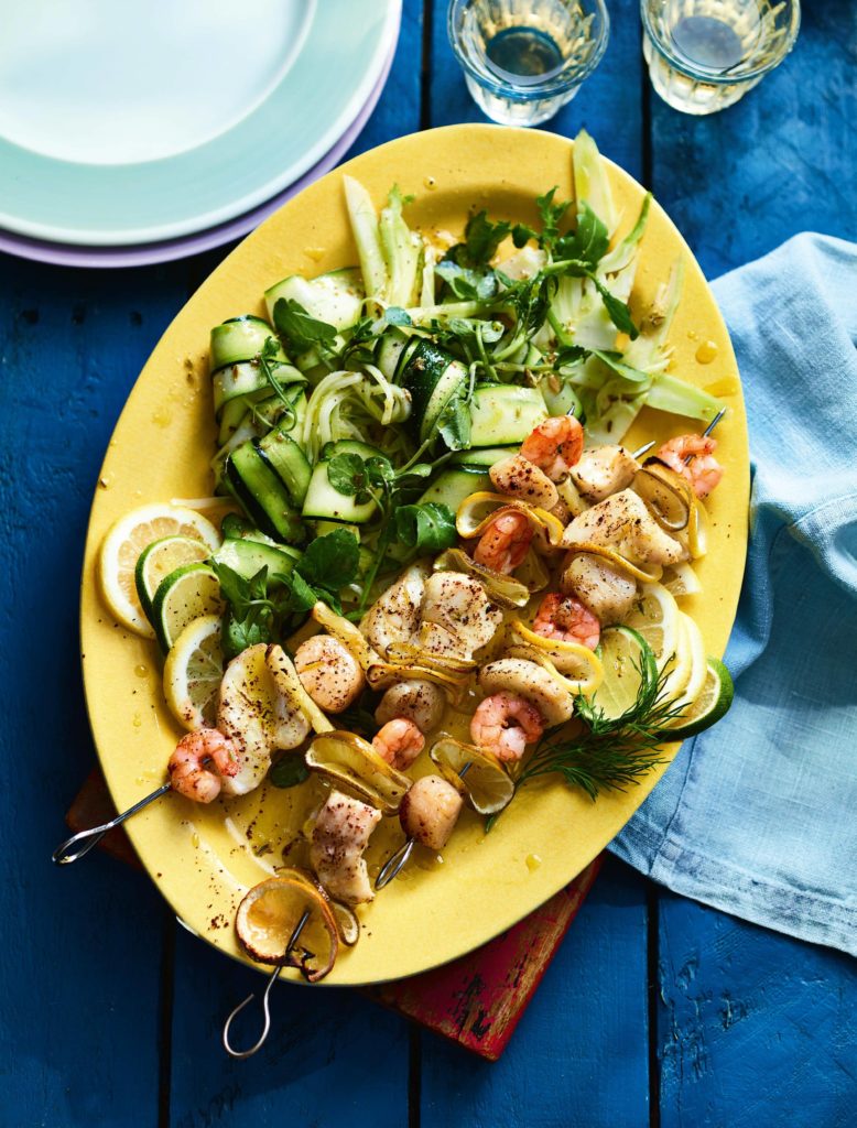Zesty Seafood Kebabs with Shaved Courgette & Fennel Salad