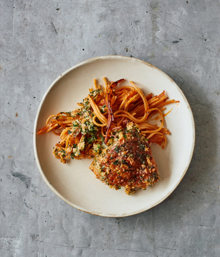 ottolenghi one-pan crispy chicken and spaghetti