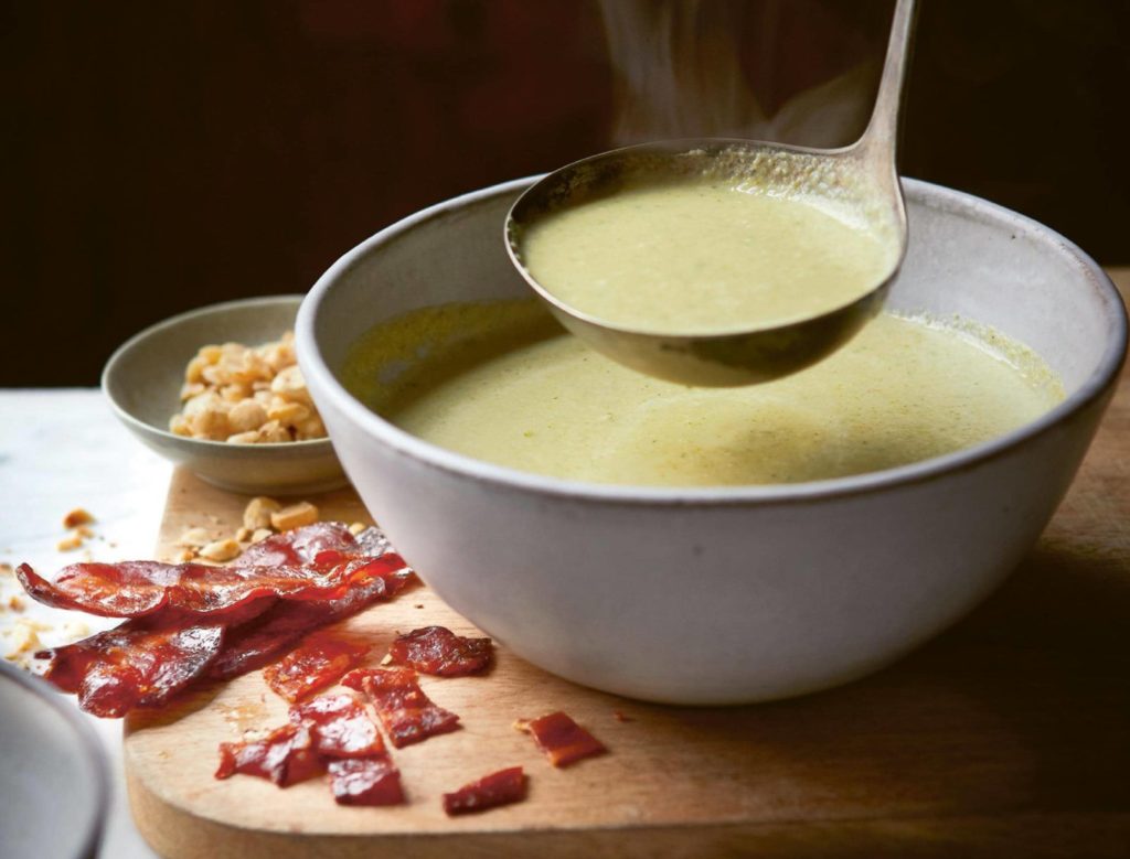 Rachel Allen's soup for the soul: Brussel Sprout Soup with Candied Bacon and Roasted Hazelnuts