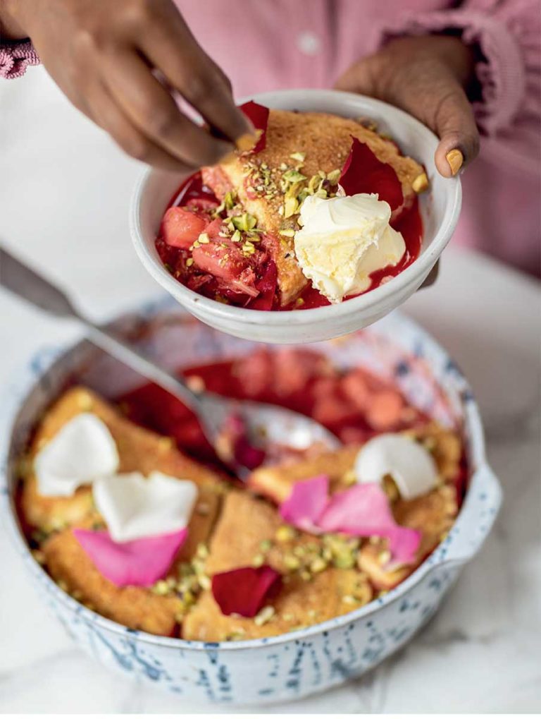 Rhubarb Rose and Strawberry Bake
