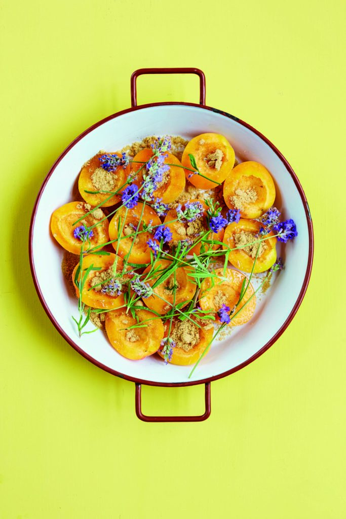 Roasted Apricots With Lavender and Rosewater Crème Fraîche