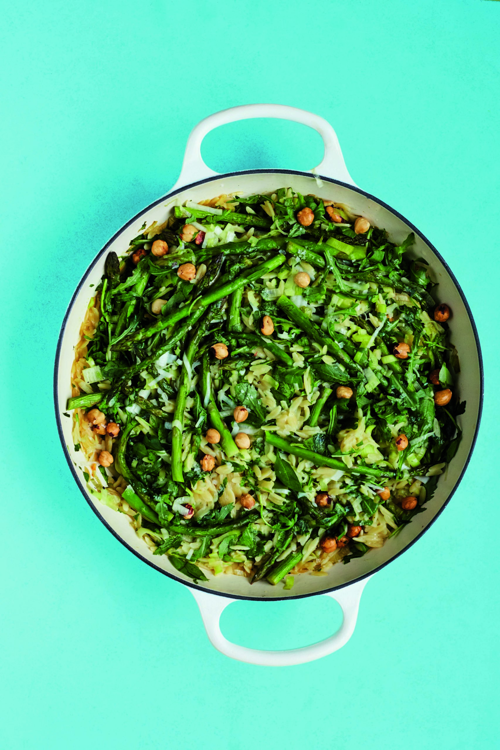 Quick Cook Leek Orzotto With Asparagus, Hazelnuts and Rocket