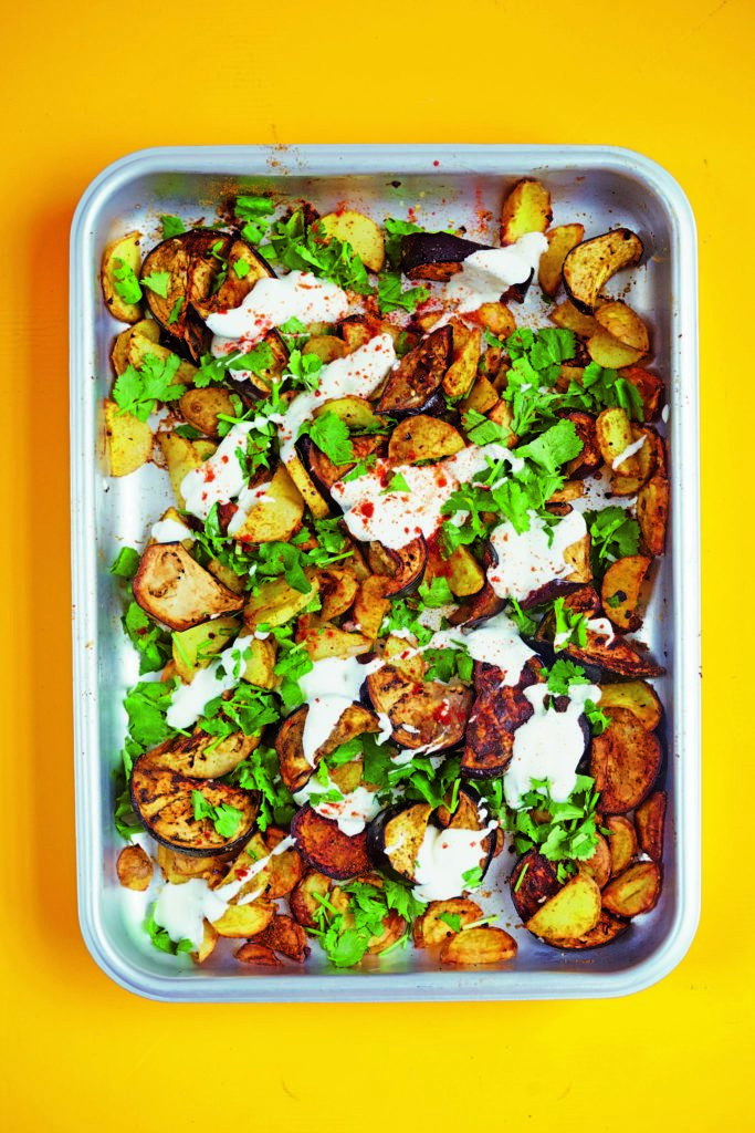 Spiced Roast Aubergines and Potatoes With Coconut Basmati Rice, Yogurt and Coriander