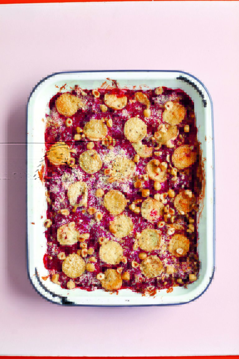 Beetroot and Leek Gratin With Goat’s Cheese and Hazelnuts