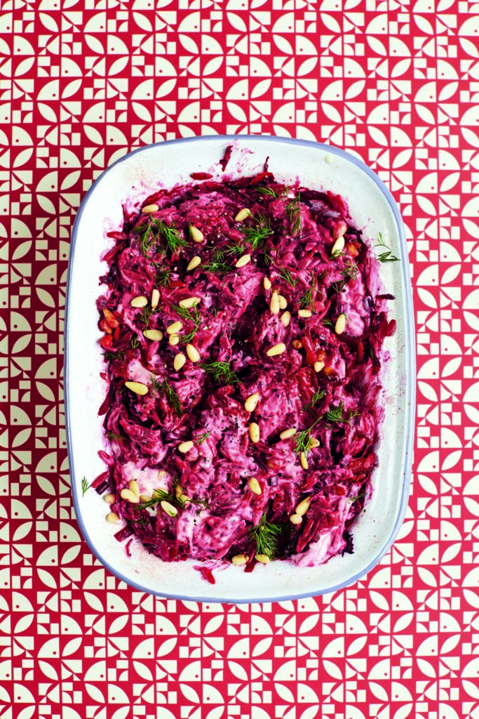 Beetroot Orzotto With Soured Cream, Pine Nuts and Dill