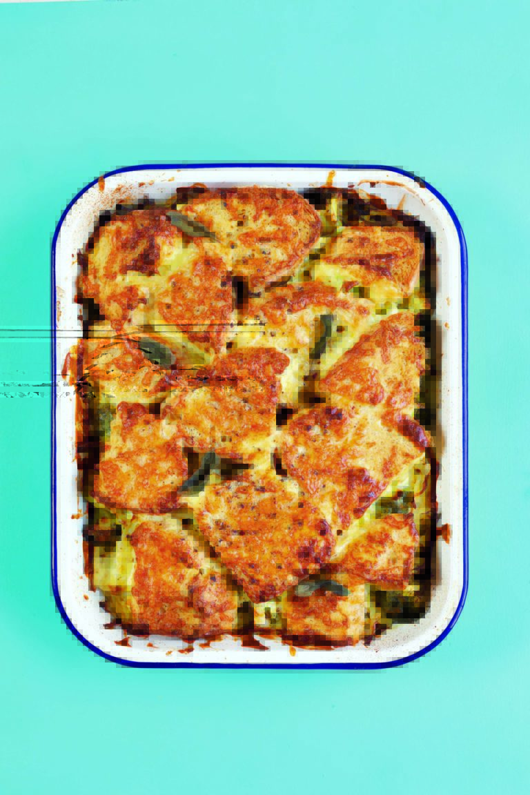 Crisp Cheddar-Topped Bread Cobbler With Chilli Spiked Greens