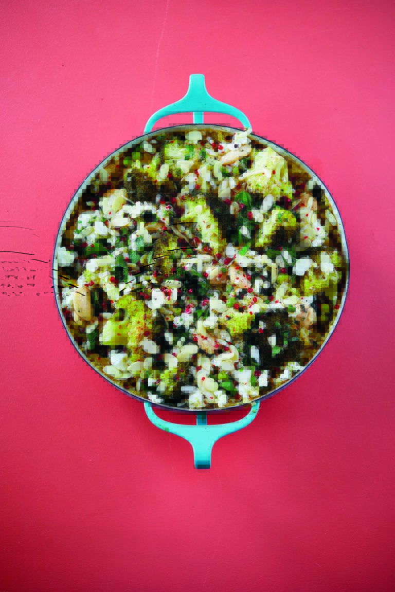 Rukmini Iyer’s Roasted Broccoli with Peas, Feta, Butter Beans & Quinoa